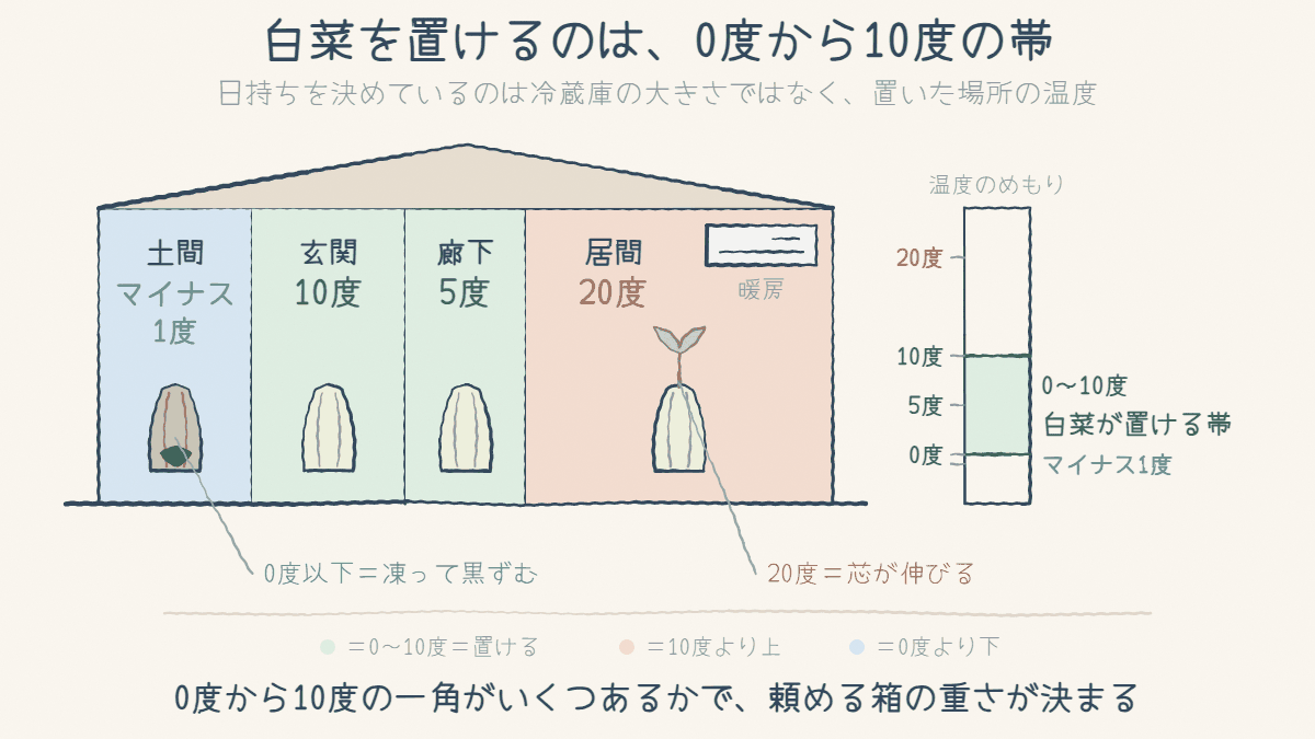 家の断面図。土間はマイナス1度、玄関は10度、廊下は5度、暖房の入った居間は20度で、白菜を置けるのは0度から10度の帯だけ。0度より下では凍って黒ずみ、20度では芯が伸びることを示しています