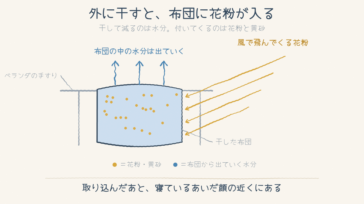 ベランダに干した布団から水分が出ていく一方で、風で飛んできた花粉が布団に入る図