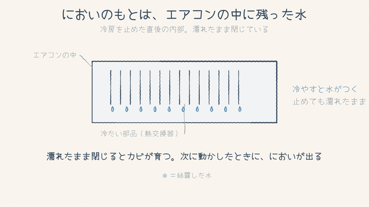 エアコン内部の図。冷たい熱交換器に水滴がつき、止めても濡れたまま残る